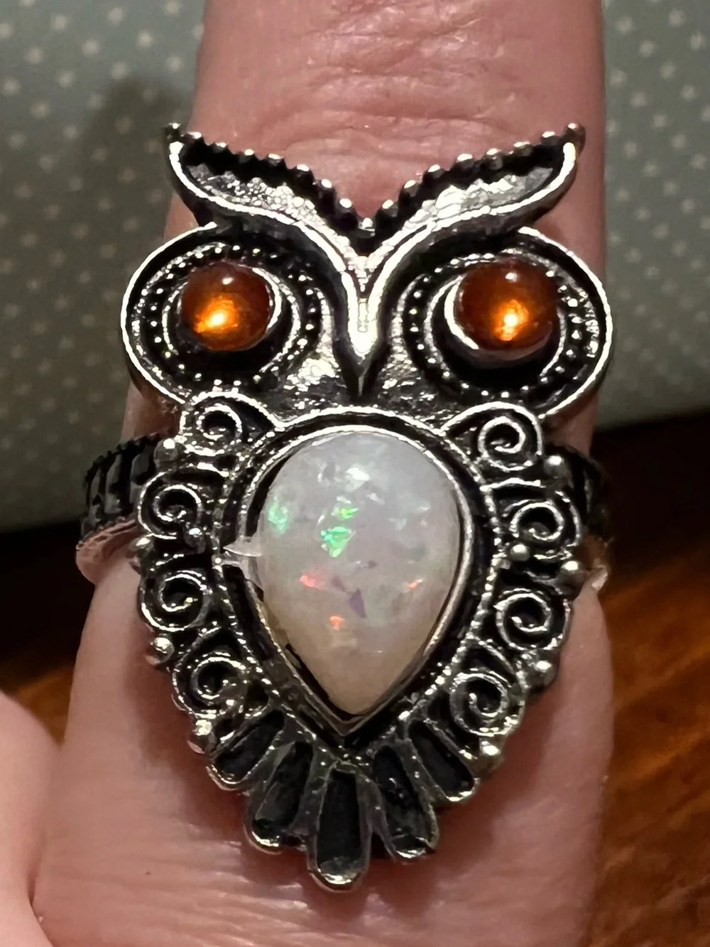 925 Silver Opal Owl Ring Boho Statement Piece